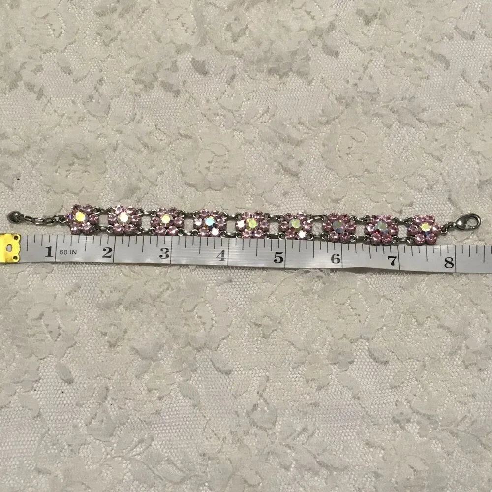 Rhinestone Floral Chain Bracelet Pink AB Stones Silver tone Coquette girl style